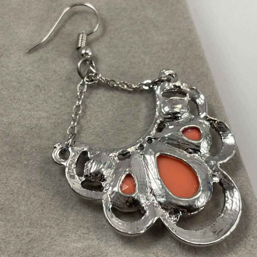 Silver Tone Orange White Rhinestone Statement Bold Dangle Earrings Hook Setting